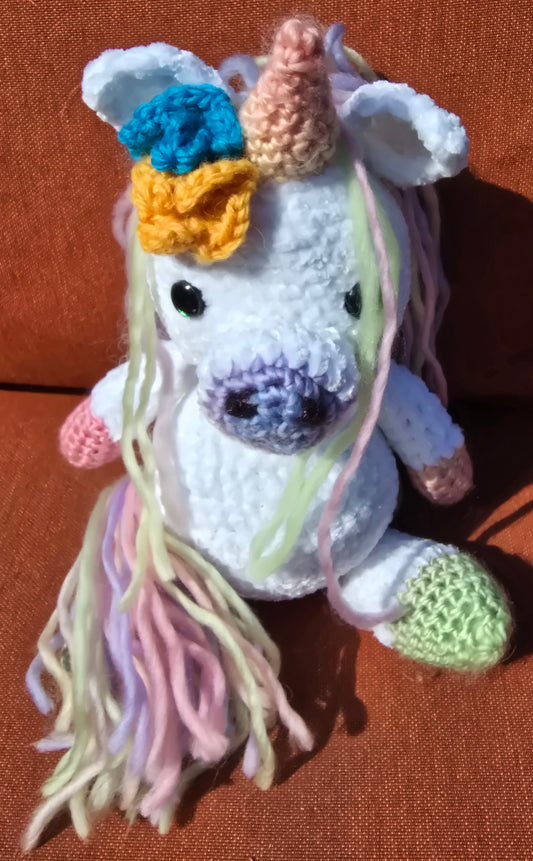 Soft Pastel Rainbow Amigarumi Stuffed Unicorn (Pink horn)
